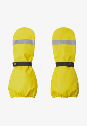 Yellow waterproof mittens with elasticized cuffs, featuring a reflective silver stripe across the top and a black adjustable strap.
