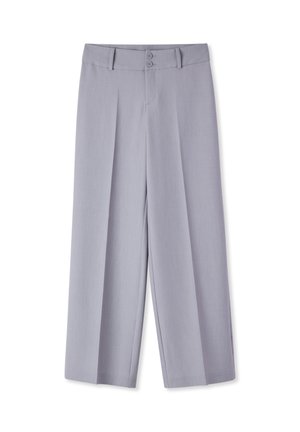 Pantaloni grigi chiaro a gamba larga con chiusura a doppio bottone, pieghe sul davanti e tessuto liscio. Vestibilità dritta e lunghezza completa.