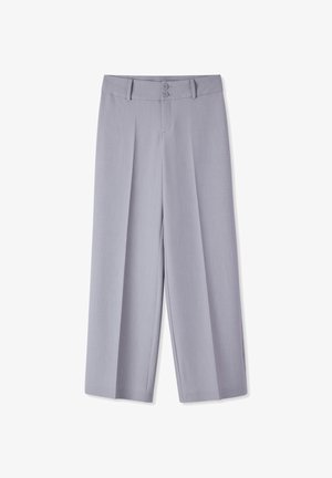 Pantaloni grigi chiaro a gamba larga con chiusura a doppio bottone, pieghe sul davanti e tessuto liscio. Vestibilità dritta e lunghezza completa.