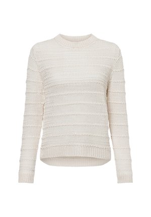 Cremfarbener Strickpullover mit Rundhalsausschnitt, langen Ärmeln und einem strukturierten Streifenmuster.