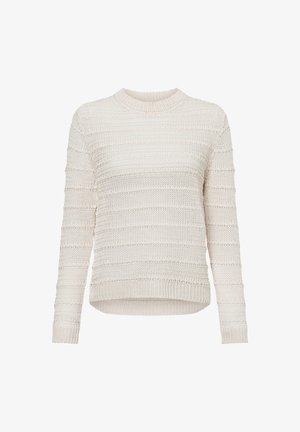 Crème gebreide trui met een ronde hals, lange mouwen en een textuurstreep patroon over de hele trui.