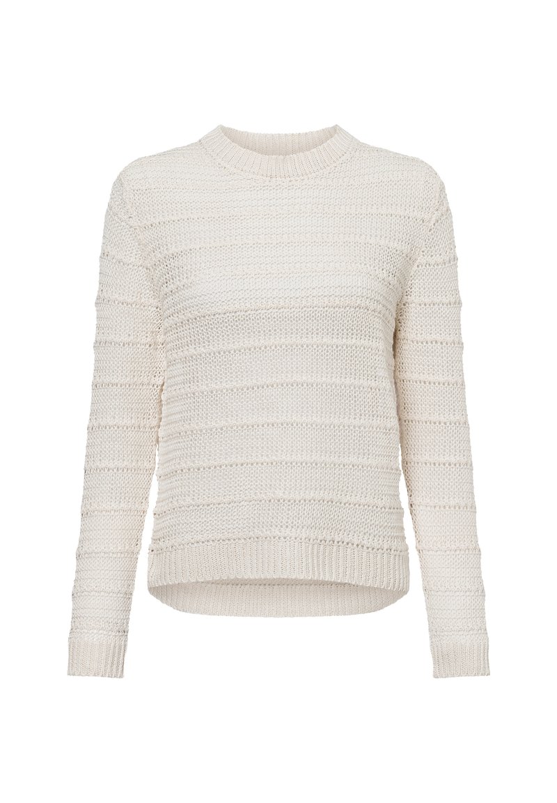 Cremfarbener Strickpullover mit Rundhalsausschnitt, langen Ärmeln und einem strukturierten Streifenmuster.