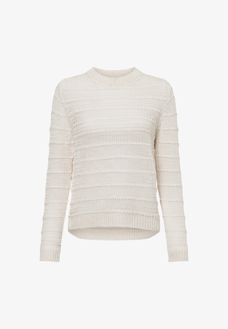 Cremfarbener Strickpullover mit Rundhalsausschnitt, langen Ärmeln und einem strukturierten Streifenmuster.