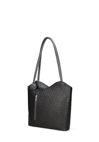 Borsa tote sintetica nera con superficie texturizzata, parte superiore arrotondata e tasca con zip laterale. Presenta spallacci grigi.