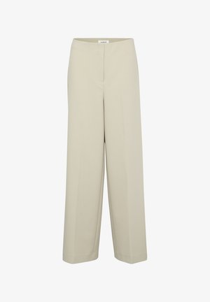 Bežid laiad püksid sujuva tekstuuriga, millel on kõrge vöökoht ja nähtamatud detailid, loodud lõdva istuvuse jaoks.