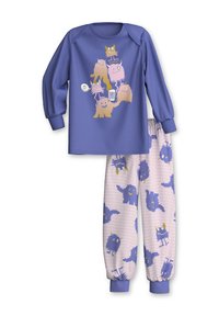 Zweiteiliger Schlafanzug bestehend aus einem lila Oberteil mit langen Ärmeln und Monstergrafiken sowie einer rosa Hose mit sich wiederholenden blauen Monstermustern.