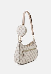 Handtas van textuurachtig beige materiaal met een gouden rits, logo-patronen en een afneembare ronde muntenzak met een bijpassend ontwerp.