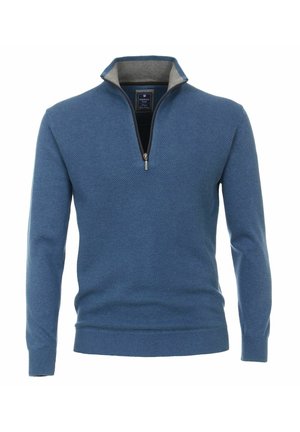 Blauer Strickpullover mit Halbzip-Kragen, strukturiertem Muster, langen Ärmeln sowie gerippten Bündchen und Saum, mit einem grauen Innenkragen.