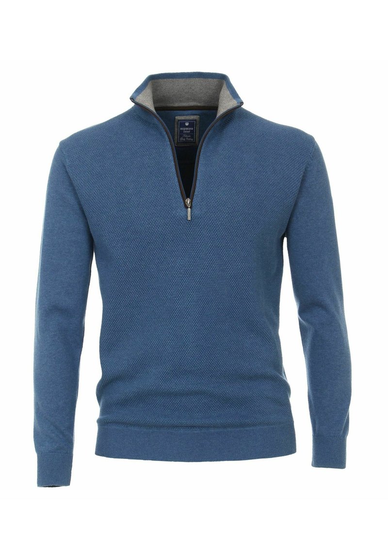 Blauer Strickpullover mit Halbzip-Kragen, strukturiertem Muster, langen Ärmeln sowie gerippten Bündchen und Saum, mit einem grauen Innenkragen.