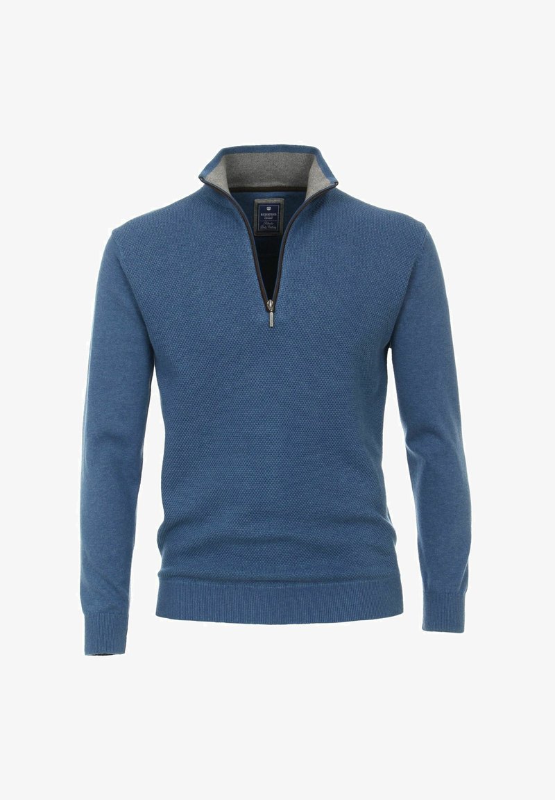 Niebieski sweter robiony na drutach z zapięciem na pół suwak, teksturowanym wzorem, długimi rękawami oraz ściągaczami przy mankietach i dolnej krawędzi, z szarym wykończeniem wewnętrznym kołnierza.