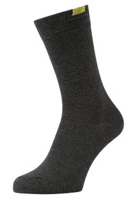 Dunkelgraue Crew-Socke aus einem weichen, strukturierten Material mit einem kontrastierenden gelben Akzent in der Nähe des Bundes. Klassisches, schlichtes Design.