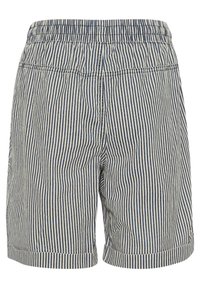 Men's shorts with a blue and white striped pattern, lightweight fabric, elastic waistband, and rolled hem detail.