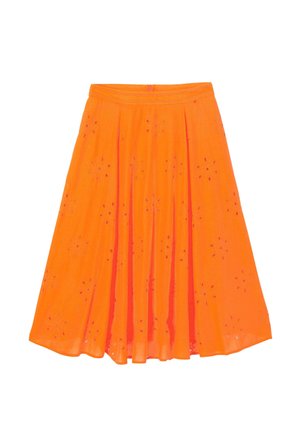 Jupe midi orange vif avec motifs floraux ajourés et plis, taille ajustée et silhouette fluide en A.