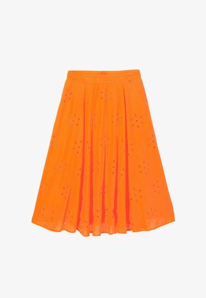 Jupe midi orange vif avec motifs floraux ajourés et plis, taille ajustée et silhouette fluide en A.