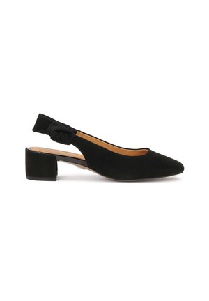 Black suede slingback shoe with a pointed toe, low block heel, and a knot detail on the strap. Smooth texture with a minimalistic design.