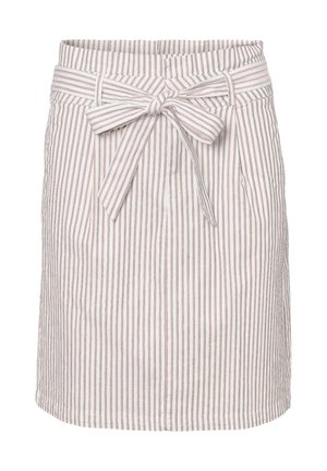 Spódnica w paski wykonana z lekkiego materiału, z pionowymi beżowymi i białymi paskami, wiązanym paskiem w talii oraz bocznymi kieszeniami.