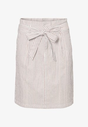 Gestreifter Rock aus leichtem Stoff mit vertikalen beige-weißen Streifen, einem gebundenen Taillenband und seitlichen Taschen.
