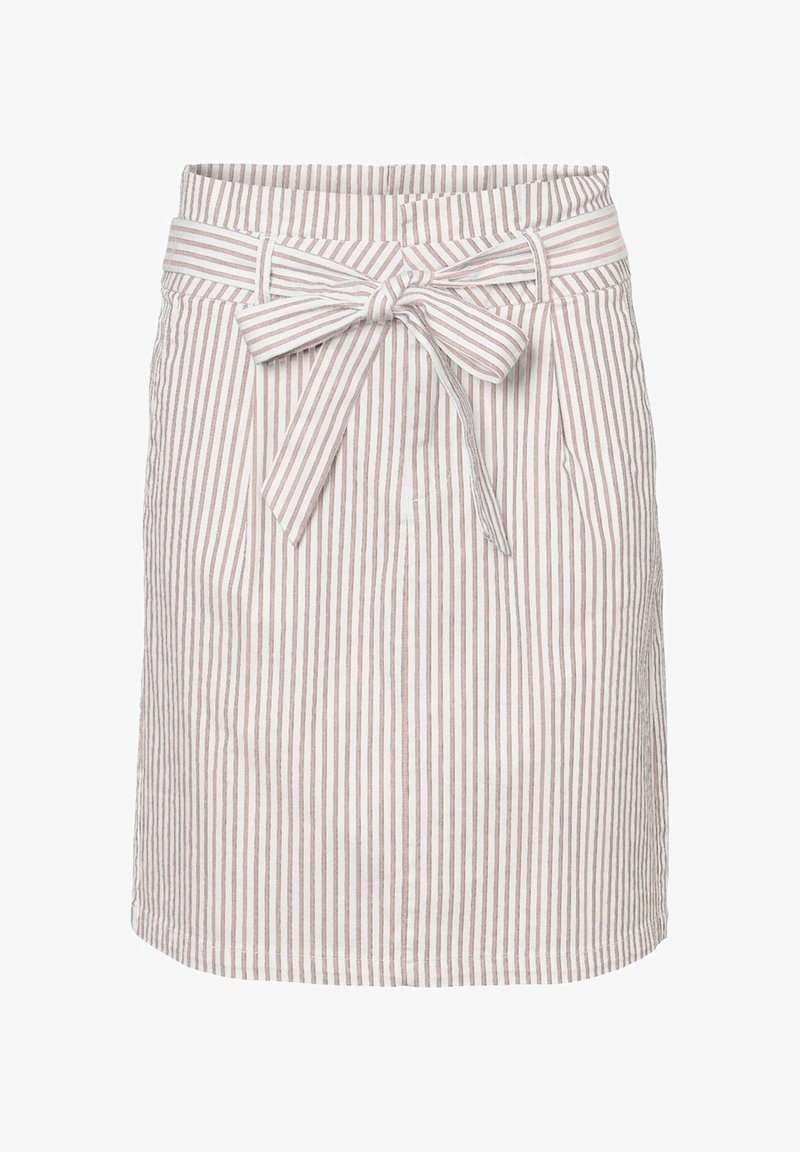 Jupe rayée en tissu léger, présentant des rayures verticales beige et blanc, une ceinture nouée et des poches latérales.