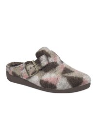 Filtslipper i grå, brun og pink med et struktureret mønster og en metalspændeaccent. Har en polstret sål for komfort.
