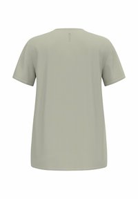 T-shirt gris clair à manches courtes avec un col rond, présentant une texture lisse et des coutures contrastées sur les manches et l'ourlet.