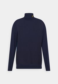 Navy turtleneck sweater made of soft material; features a fitted neck and ribbed cuffs, with a small yellow logo on the collar.
