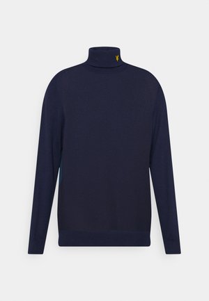 Navy turtleneck sweater made of soft material; features a fitted neck and ribbed cuffs, with a small yellow logo on the collar.