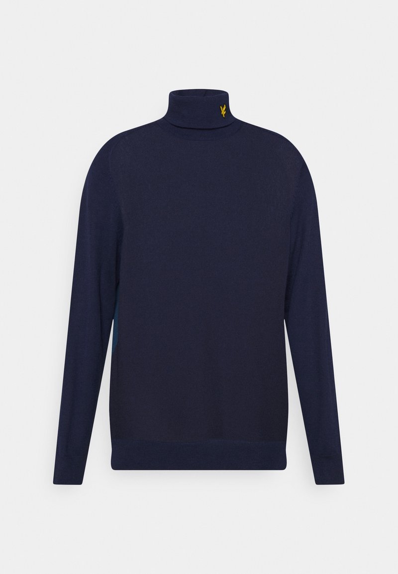 Navy turtleneck sweater made of soft material; features a fitted neck and ribbed cuffs, with a small yellow logo on the collar.