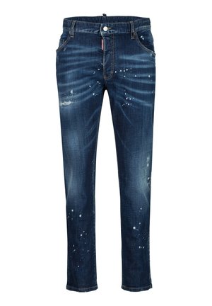 Donkerblauwe slim-fit jeans met vervaagde wassingen en witte verfspetters, vijf zakken en knoopsluiting in de taille.