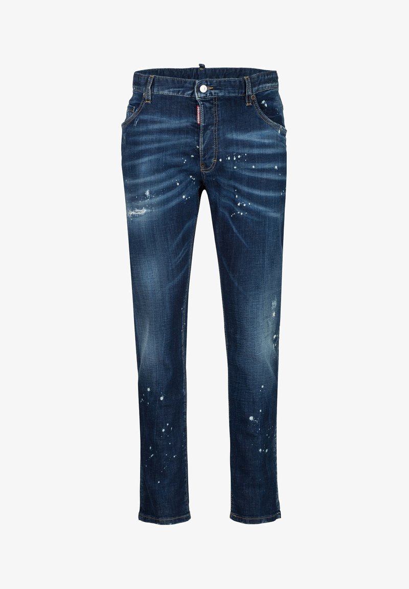 Jeans slim bleu foncé avec délavages estompés et détails de taches de peinture blanches, cinq poches et fermeture par bouton à la taille.