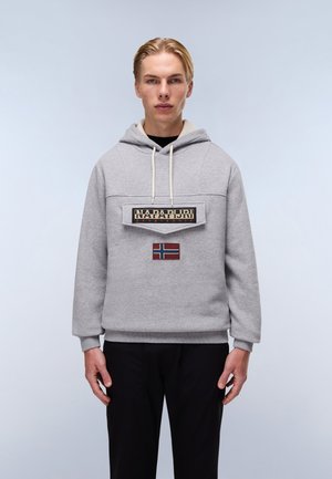 Gray hoodie with a front pocket, featuring a logo patch and a Norwegian flag. White drawstrings and ribbed cuffs complete the design.