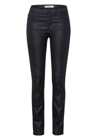 Pantalones negros ajustados hechos de una tela texturizada con un sutil patrón de cuadrícula. Cuentan con cremallera, botón y bolsillos frontales.