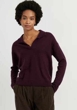 Vrouw met kort krullend haar, gekleed in een donkerpaarse trui met kraag en een bruine broek, staand met handen in de zakken.