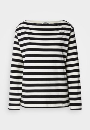 Črno-bela prugasta bluza z dolgimi rokavi in širokim izrezom. Narejena iz mehke tkanine, z enakomernimi horizontalnimi črtami in odzivnimi robovi.