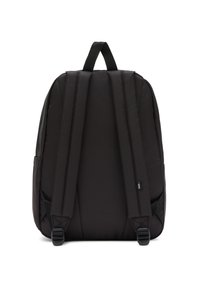 Sac à dos noir avec un dos rembourré et des bretelles réglables. Dispose de poches latérales et d'une poignée supérieure, fabriqué en tissu durable avec une texture lisse.
