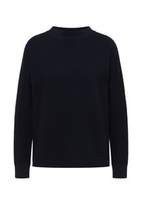 Maglione blu navy lavorato a maglia con collo alto, maniche lunghe, texture a coste e vestibilità comoda. Nessun motivo o dettaglio metallico visibile.