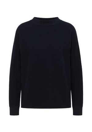 Granatowy sweter dziany z wysokim kołnierzem, długimi rękawami, prążkowaną teksturą i luźnym krojem. Bez widocznych wzorów ani elementów ozdobnych.