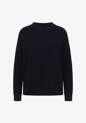 Marineblauer Strickpullover mit hohem Kragen, langen Ärmeln, geripptem Muster und lockerem Schnitt. Keine sichtbaren Muster oder Metallteile.