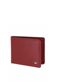Portefeuille bifold en cuir rouge avec des coutures soignées et un petit logo métallique dans le coin inférieur droit, présenté partiellement ouvert.