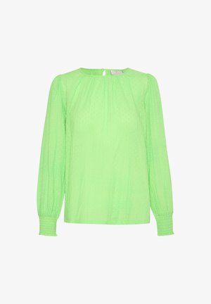 Zöld pöttyös blúz hosszú puffos ujjakkal, ráncolt nyakkivágással és smocked mandzsettával. Könnyű anyag, struktúrált felülettel.