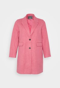Abrigo de mezcla de lana rosa con solapas rectas, mangas largas y dos bolsillos delanteros. Presenta un cierre de un solo botón y un forro interior suave.