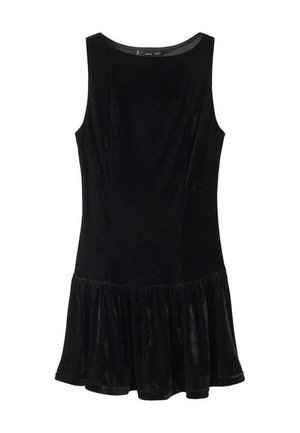 Robe sans manches en velours noir avec un ourlet volants évasé et un col rond.