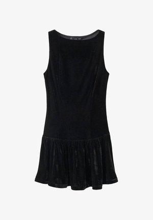 Robe sans manches en velours noir avec un ourlet volants évasé et un col rond.
