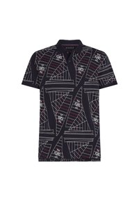 Polo negro con un patrón geométrico en blanco y rojo, de mangas cortas y cuello clásico. Fabricado en un material suave y transpirable.