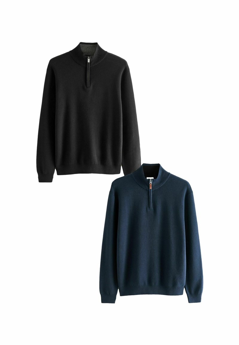 Zwei Quarter-Zip Sweatshirts: eines in Schwarz, das andere in Marineblau. Weicher Stoff, lange Ärmel, gerippte Bündchen und Saum, mit einem kontrastierenden Reißverschlussdetail.