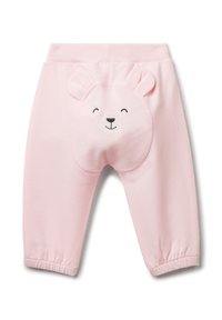 Babyrosa Hose mit elastischem Bund und Bündchen, mit einem lächelnden Bärenkopf und Ohren auf der Rückseite.