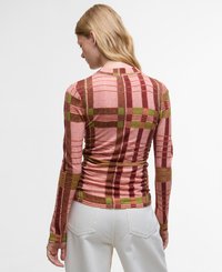 Langsleeve top in roze, met een multikleurige ruitpatroon met groene en rode accenten; zachte, gestructureerde stof met een aansluitende pasvorm.