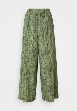 Wide-leg trousers in textured green fabric. Elastic waistband and a patterned surface with varying shades of green.