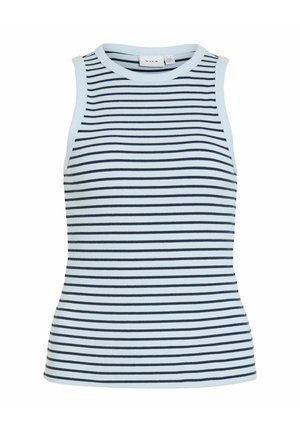 Mouwloze geribde tanktop met horizontale marineblauwe en lichtblauwe strepen, ronde halslijn en aansluitende pasvorm.