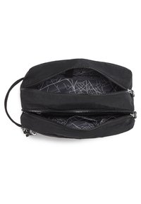 Black dual-zippered bag with a textured exterior. Interior features a geometric map pattern on a gray background. Compact and rectangular shape.