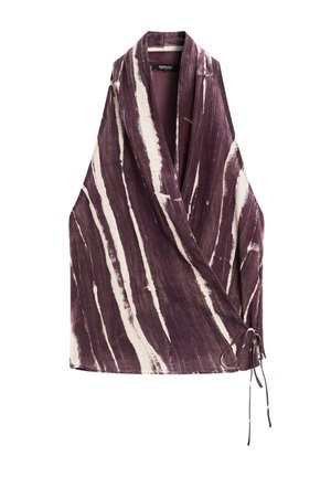 Wrap top in textured purple fabric with white stripes, featuring a V-neckline and a side tie detail for adjustable fit.